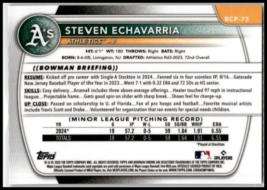 2025 Bowman Reptilian Fuchsia #/199 #BCP-73 Steven Echavarria Athletics