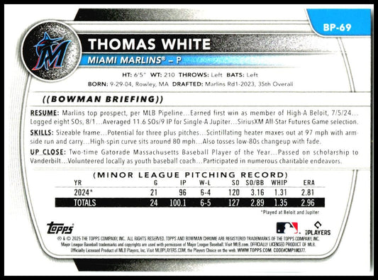 2025 Bowman Prospects #BP-69 Thomas White Miami Marlins
