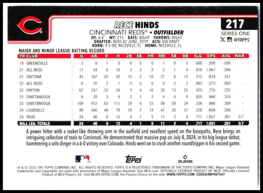2025 Topps #217 Rece Hinds Rookie Cincinnati Reds