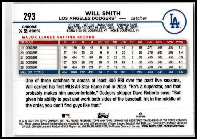2024 Topps Chrome #293 Will Smith Los Angeles Dodgers