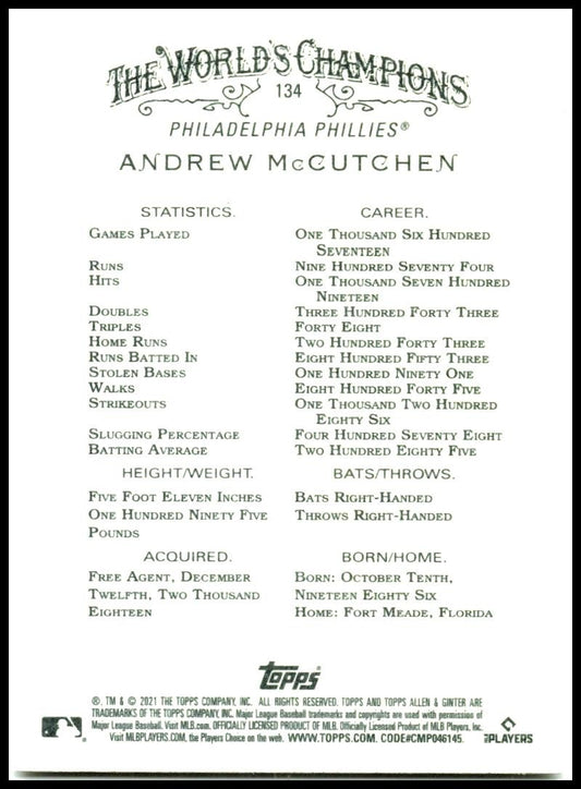 2021 Topps Allen & Ginter #134 Andrew McCutchen Philadelphia Phillies