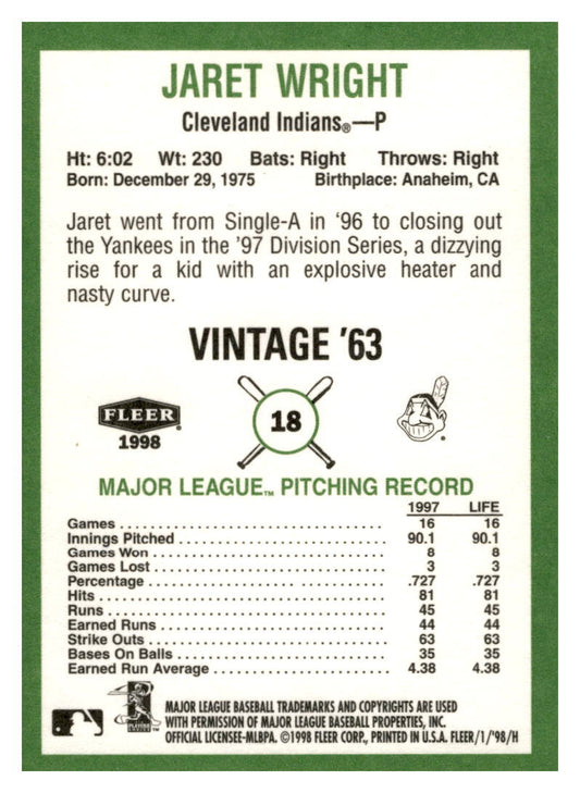 1998 Fleer Tradition Vintage '63 #18 Jaret Wright