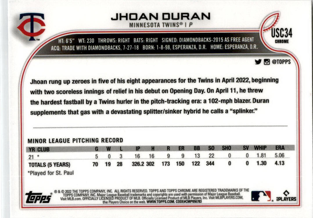 2022 Topps Update Purple #US277 Jhoan Duran Minnesota Twins