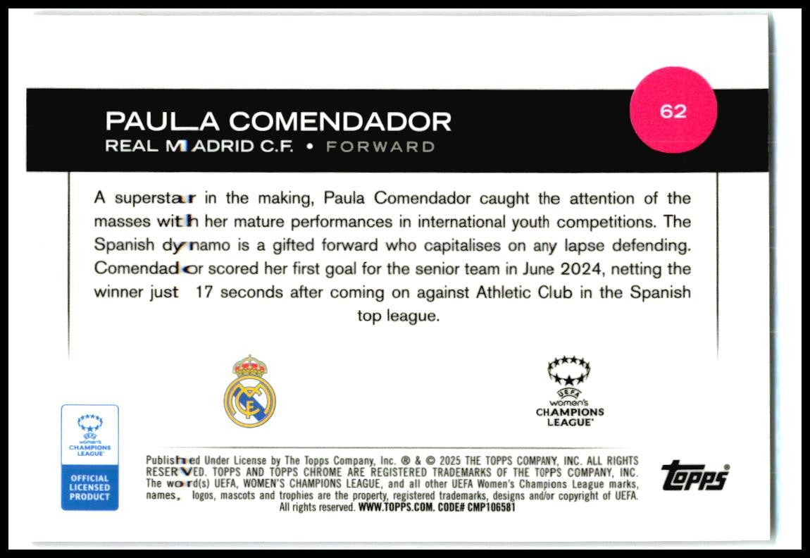 2024-25 Topps Chrome UEFA Pink Refractor #62 Paula Comendador Rookie Real Madrid