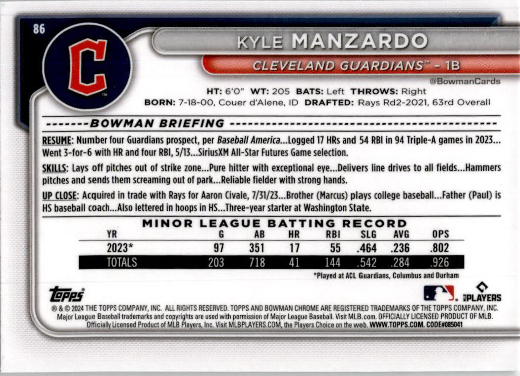 2024 Bowman Chrome #86 Kyle Manzardo Cleveland Guardians