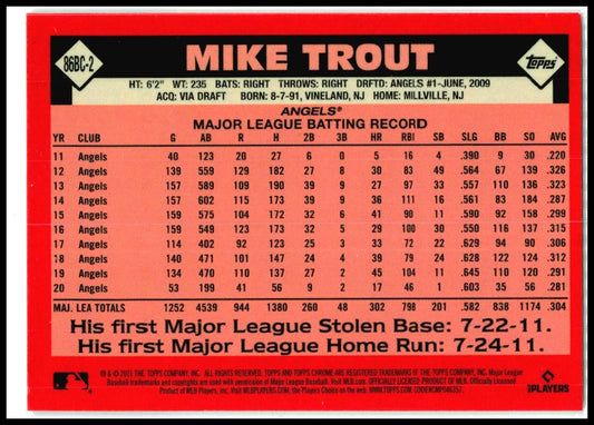 2021 Topps Chrome 1986 Topps Baseball 35th Anniversary #86BC-2 Mike Trout Angels
