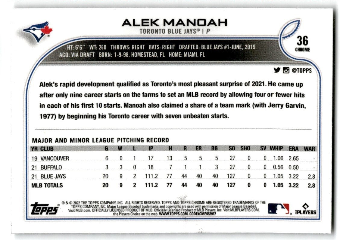2022 Topps Chrome X-Fractor Alek Manoah Toronto Blue Jays #36
