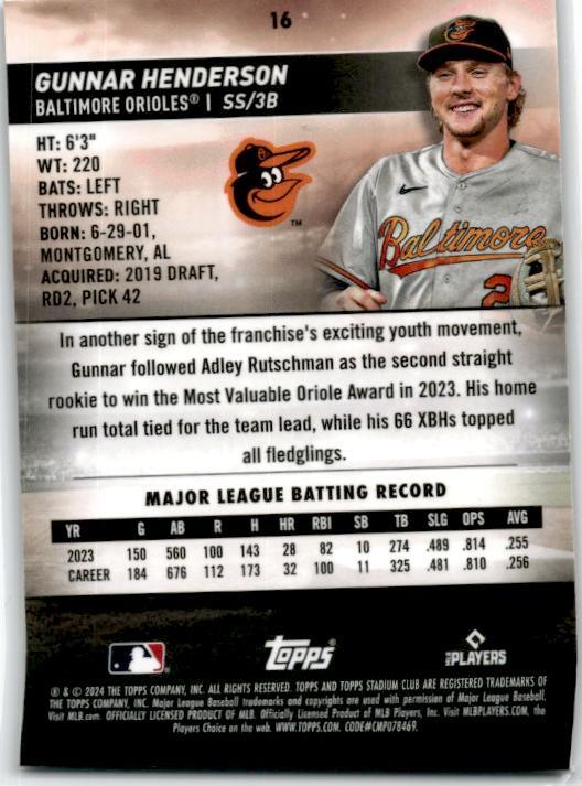 2024 Stadium Club Chrome #16 Gunnar Henderson Baltimore Orioles