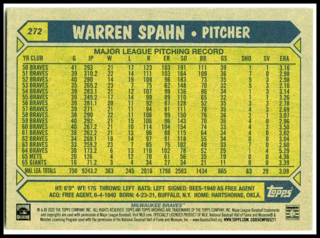 2022 Topps Archives #272 Warren Spahn Milwaukee Braves