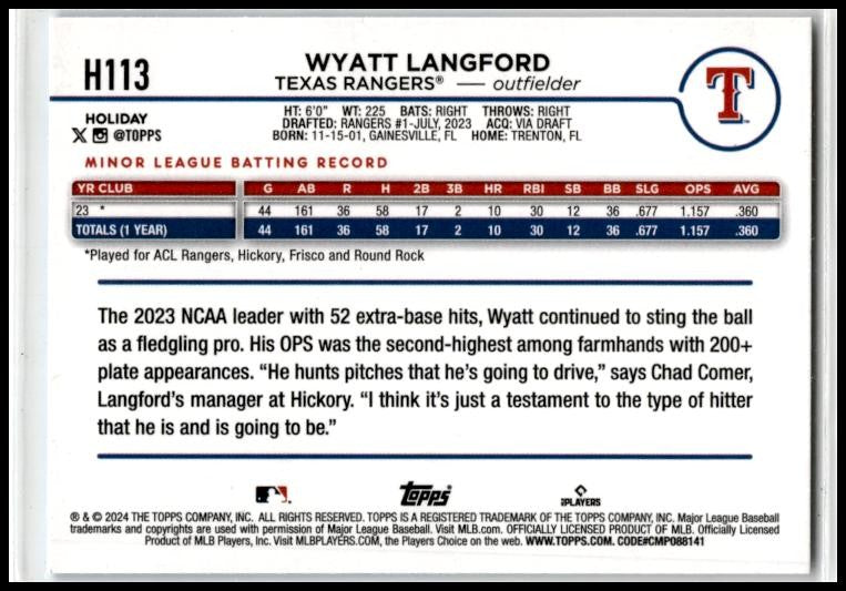 2024 Topps Holiday #H113 Wyatt Langford Texas Rangers
