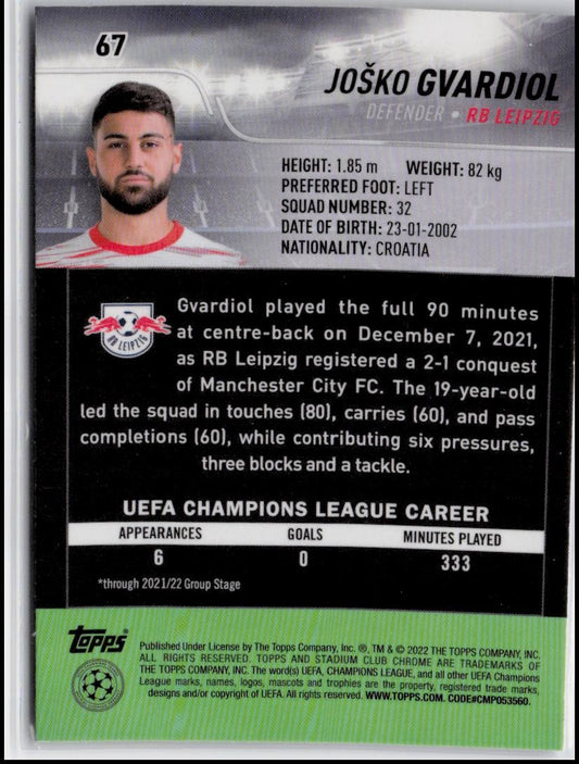 2021-22 Stadium Club Chrome UEFA Champions League #67 Joško Gvardiol