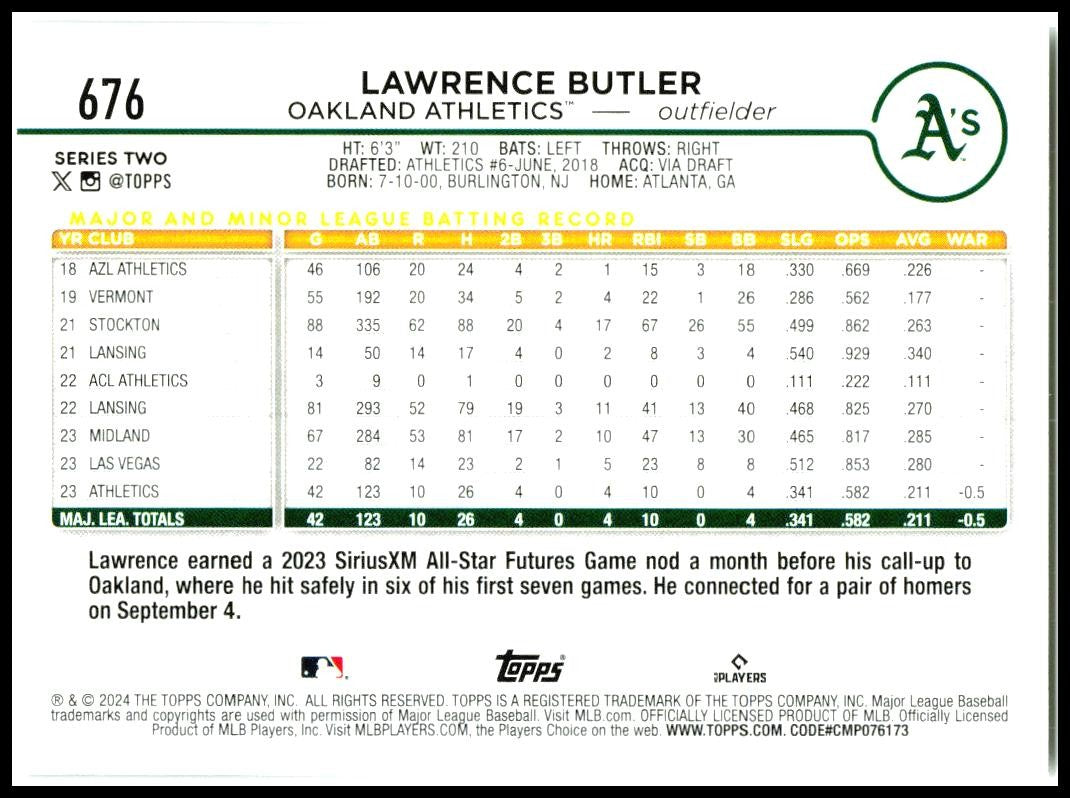 2024 Topps #676 Lawrence Butler Rookie Oakland Athletics