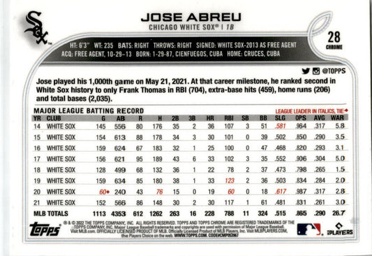 2022 Topps Chrome X-Fractor #28 Jose Abreu Chicago White Sox