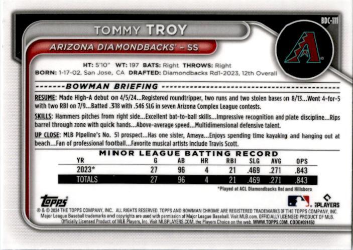 2024 Bowman Draft Chrome Sky Blue #BDC-111 Tommy Troy Arizona Diamondbacks