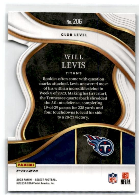 2023 Panini Select Black and Gold Prizms Die Cuts #206 Will Levis Rookie Titans