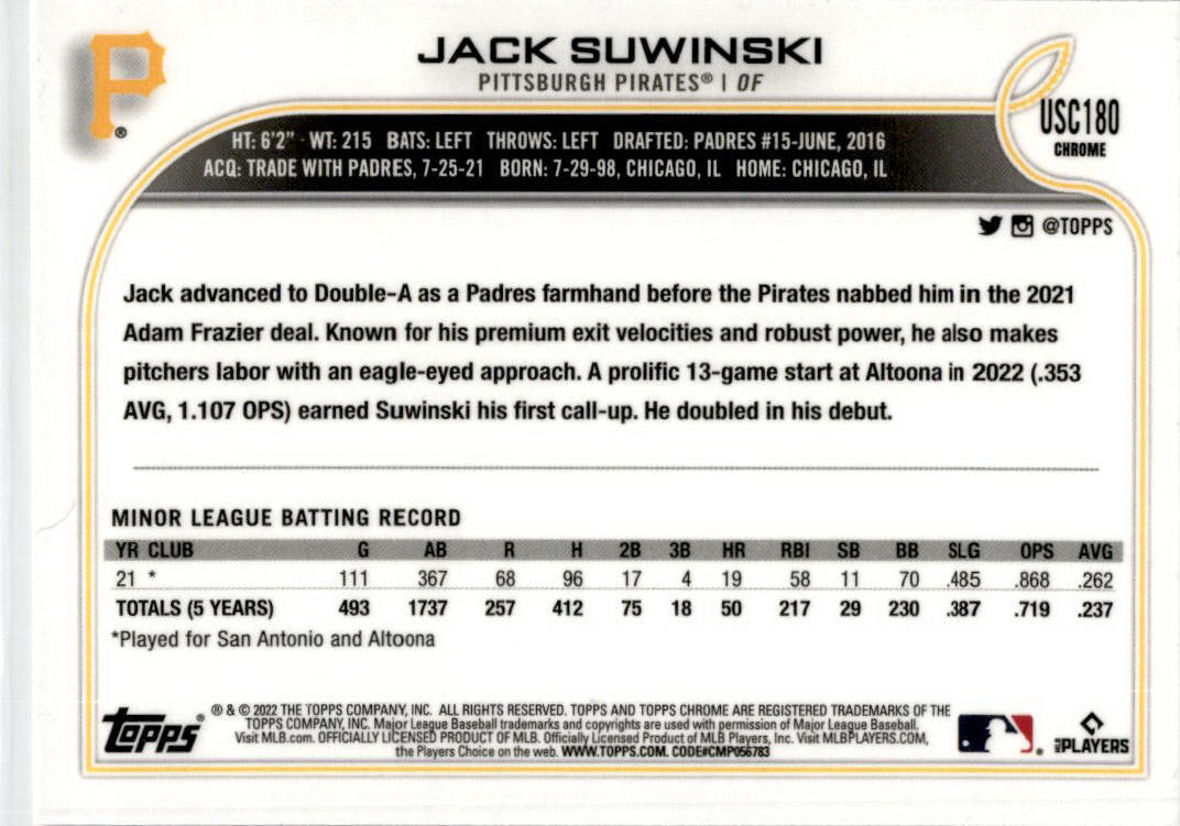 2022 Topps Chrome Update #USC180 Jack Suwinski Rookie Pittsburgh Pirates