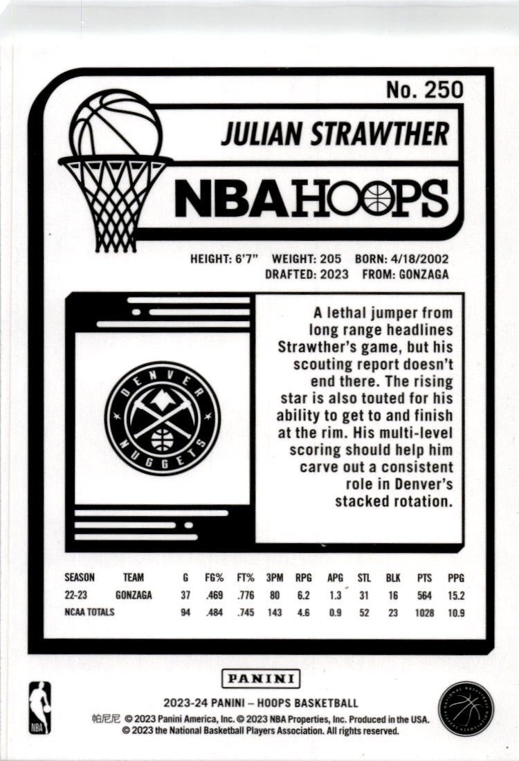 2023-24 Hoops Winter #250 Julian Strawther Rookie Denver Nuggets