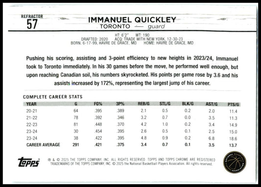 2024-25 Topps Chrome Refractor #57 Immanuel Quickley Toronto Raptors