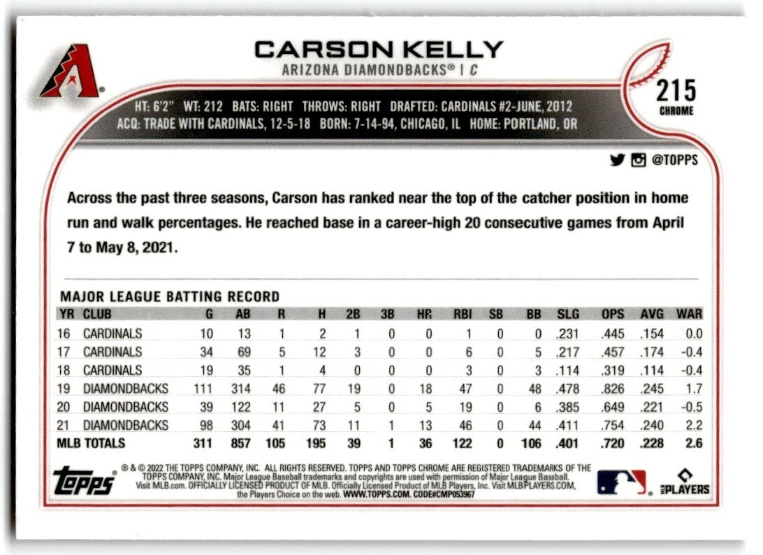 2022 Topps Chrome Pink Refractor Carson Kelly Arizona Diamondbacks #215