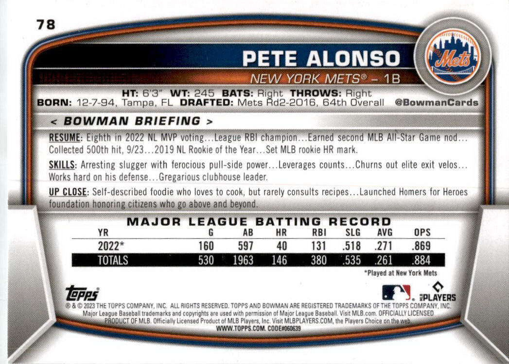 2023 Bowman Sky Blue #78 Pete Alonso 385/499 New York Mets