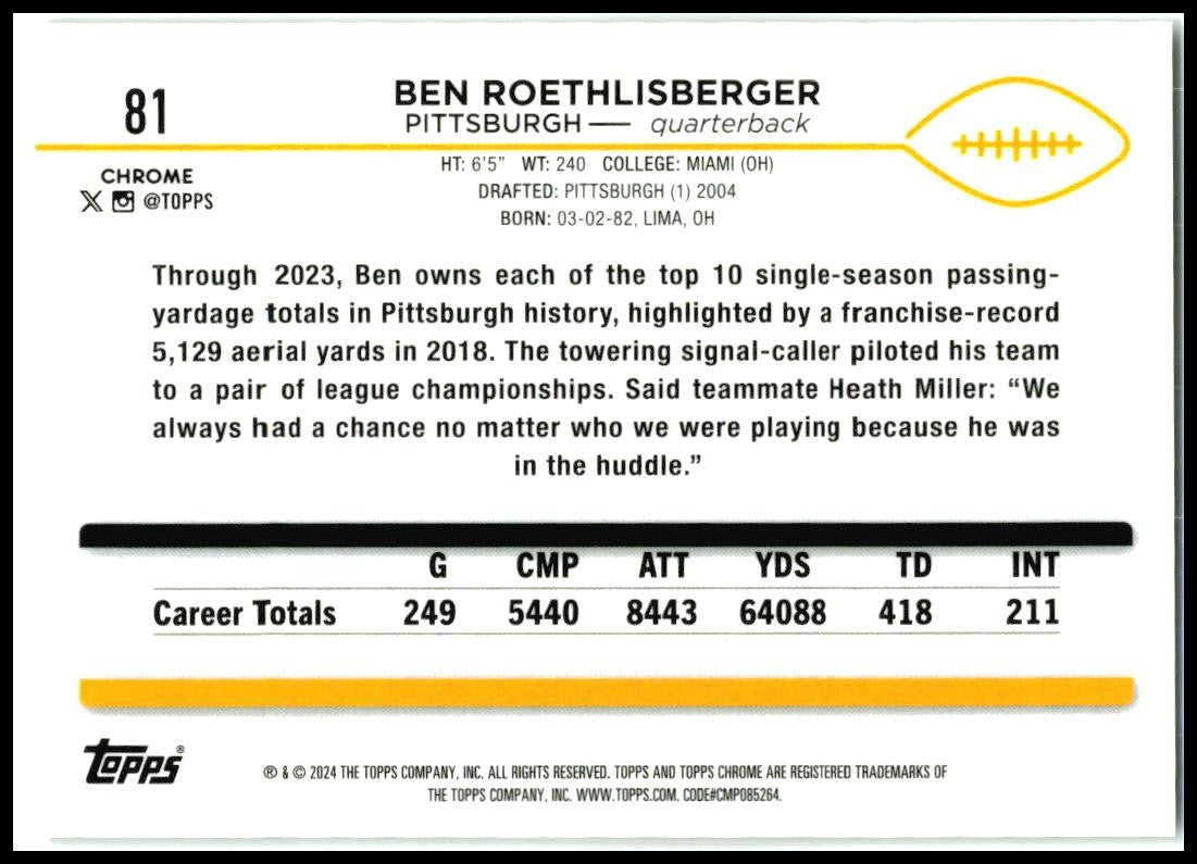 2024 Topps Chrome Gold Wave Refractor #81 Ben Roethlisberger /50 Steelers