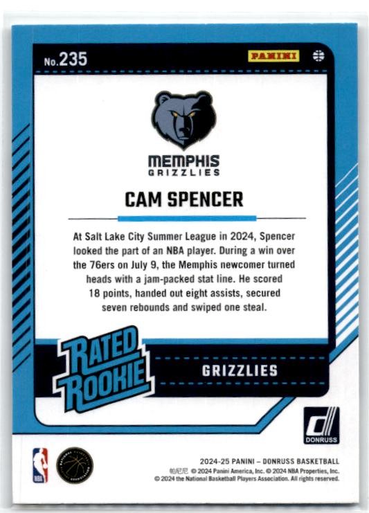 2024-25 Donruss #235 Cam Spencer Rookie Memphis Grizzlies