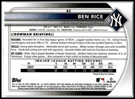 2025 Bowman #85 Ben Rice Rookie New York Yankees