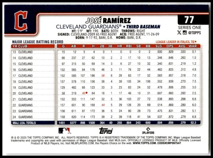 2025 Topps #77 José Ramírez Cleveland Guardians
