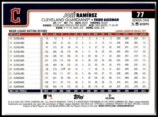 2025 Topps #77 José Ramírez Cleveland Guardians