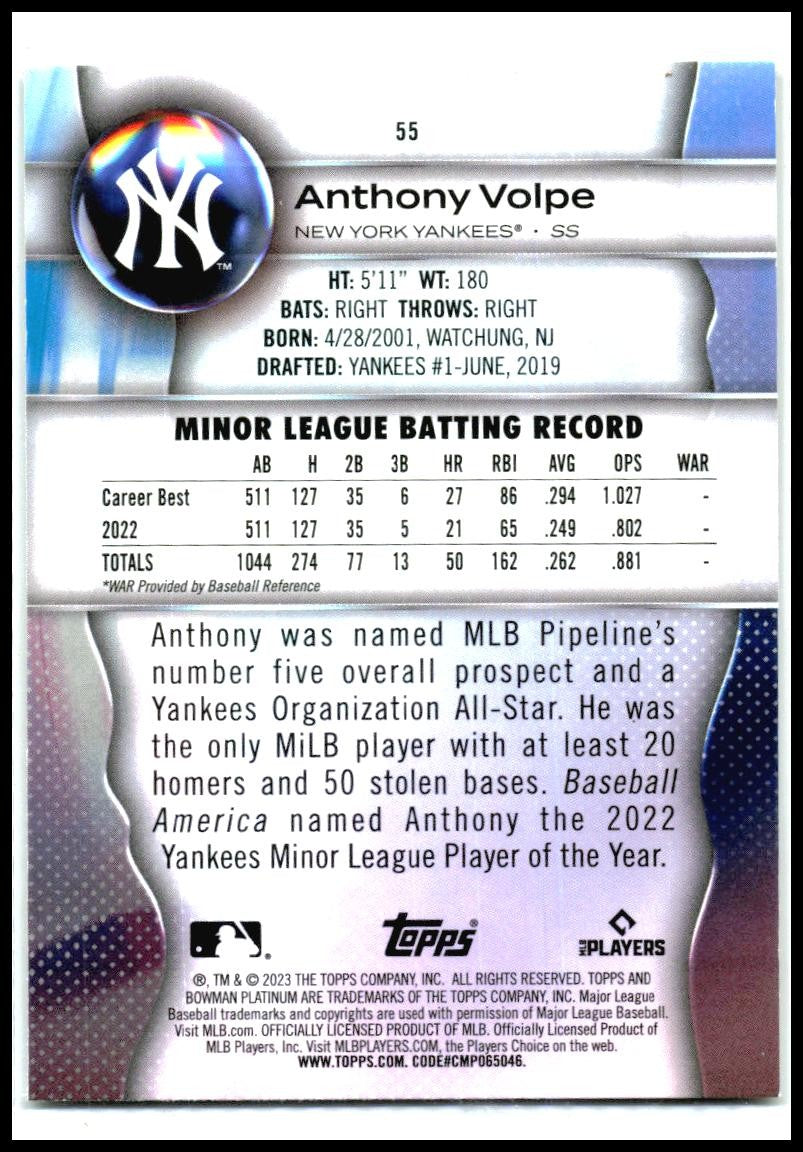 2023 Bowman Platinum #55 Anthony Volpe Rookie New York Yankees