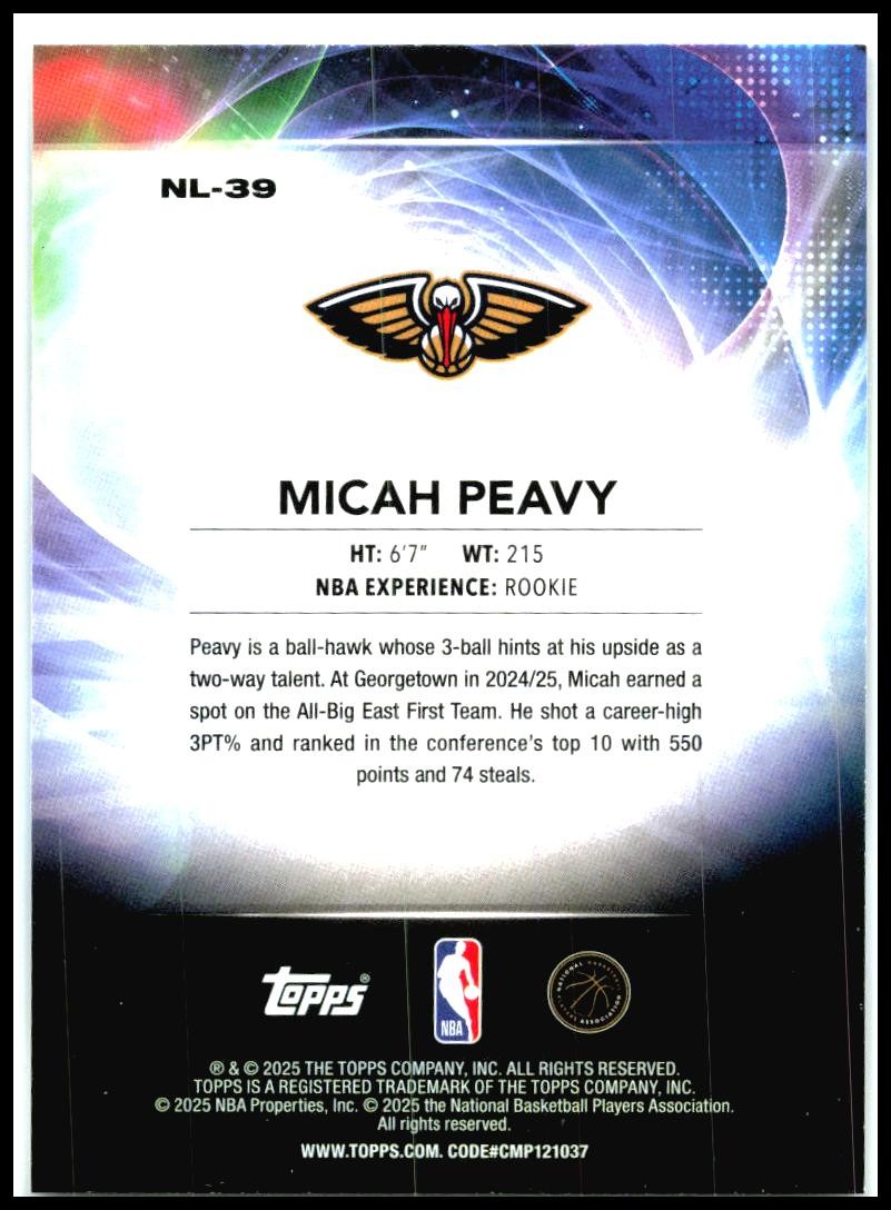 2025-26 Topps No Limit #NL-39 Micah Peavy New Orleans Pelicans