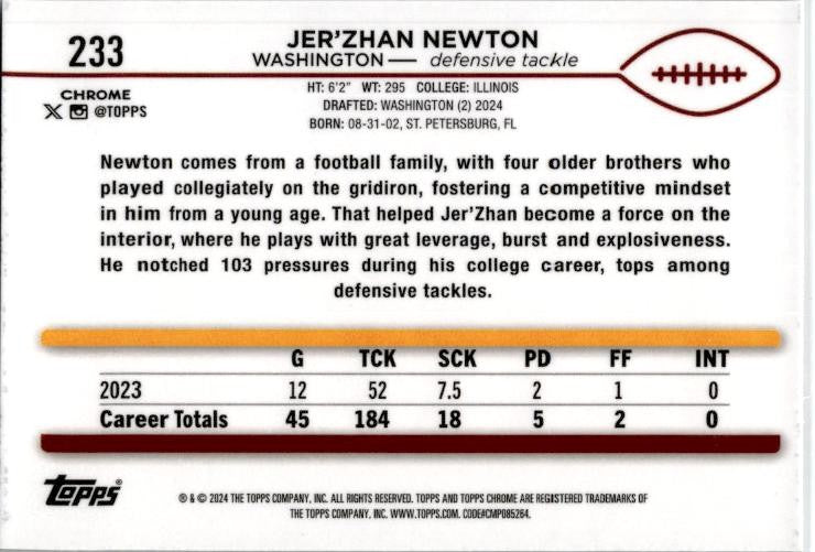 2024 Topps Chrome Checkerboard #233 Jer'Zhan Newton Washington
