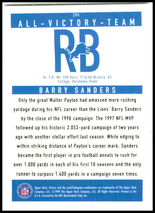 1999 Upper Deck Victory #296 Barry Sanders Detroit Lions