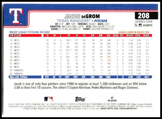 2025 Topps #208 Jacob deGrom Texas Rangers