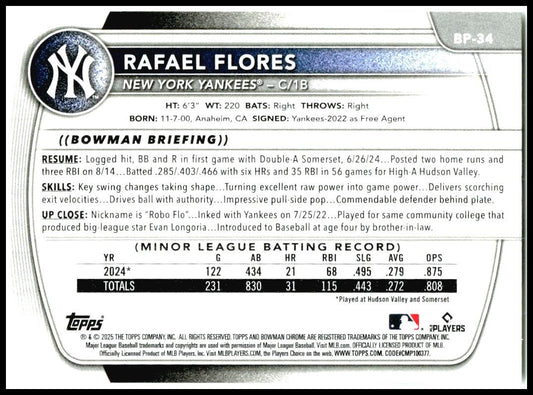 2025 Bowman #BP-34 Rafael Flores New York Yankees