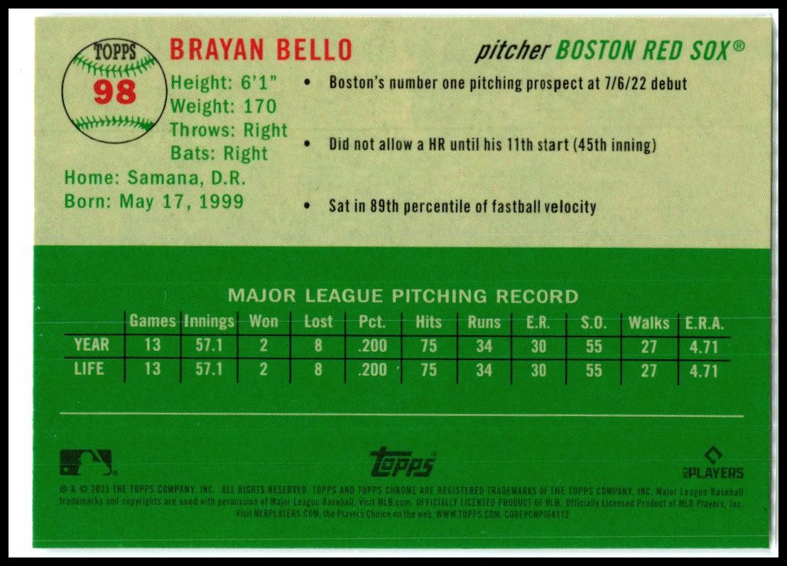 2023 Topps Chrome Platinum Anniversary #98 Brayan Bello Rookie Boston Red Sox