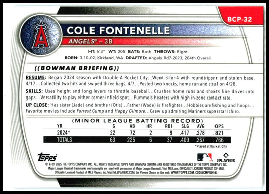 2025 Bowman Chrome Prospects #BCP-32 Cole Fontenelle Los Angeles Angels