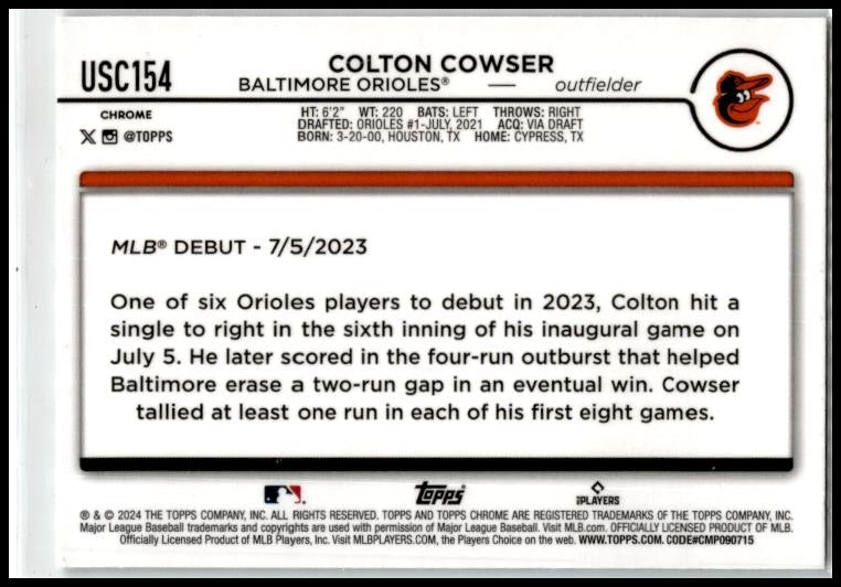 2024 Topps Chrome Update X-Fractors #USC154 Colton Cowser Baltimore Orioles