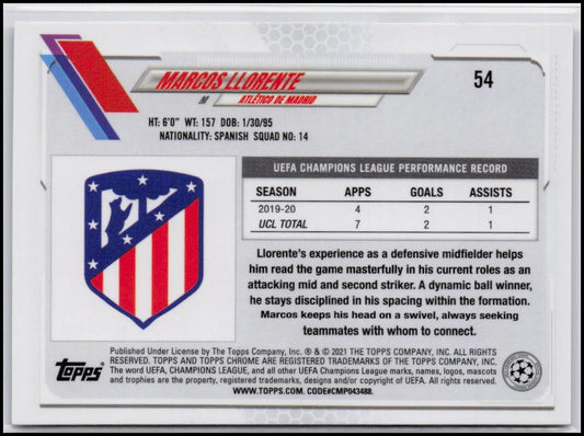 2020-21 Topps Chrome UEFA Champions League #54 Marcos Llorente
