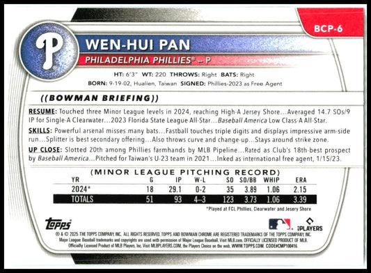 2025 Bowman Chrome Prospects #BCP-6 Wen-Hui Pan Philadelphia Phillies