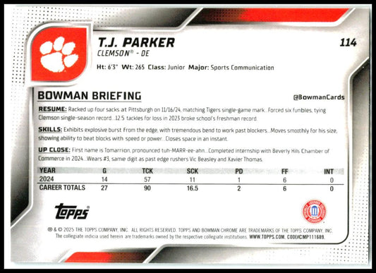 2025 Bowman University Chrome Teal Lava Refractor #114 T.J. Parker Tigers