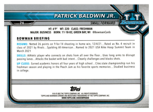 2021 Bowman University #26 Patrick Baldwin Jr. Pink