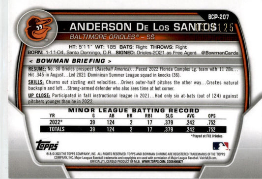 2023 Bowman Chrome Aqua Pink Vapor #BCP-207 Anderson De Los Santos Orioles /125