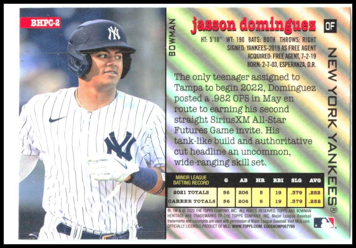 2022 Bowman Heritage Chrome Prospects #BHPC-2 Jasson Dominguez New York Yankees