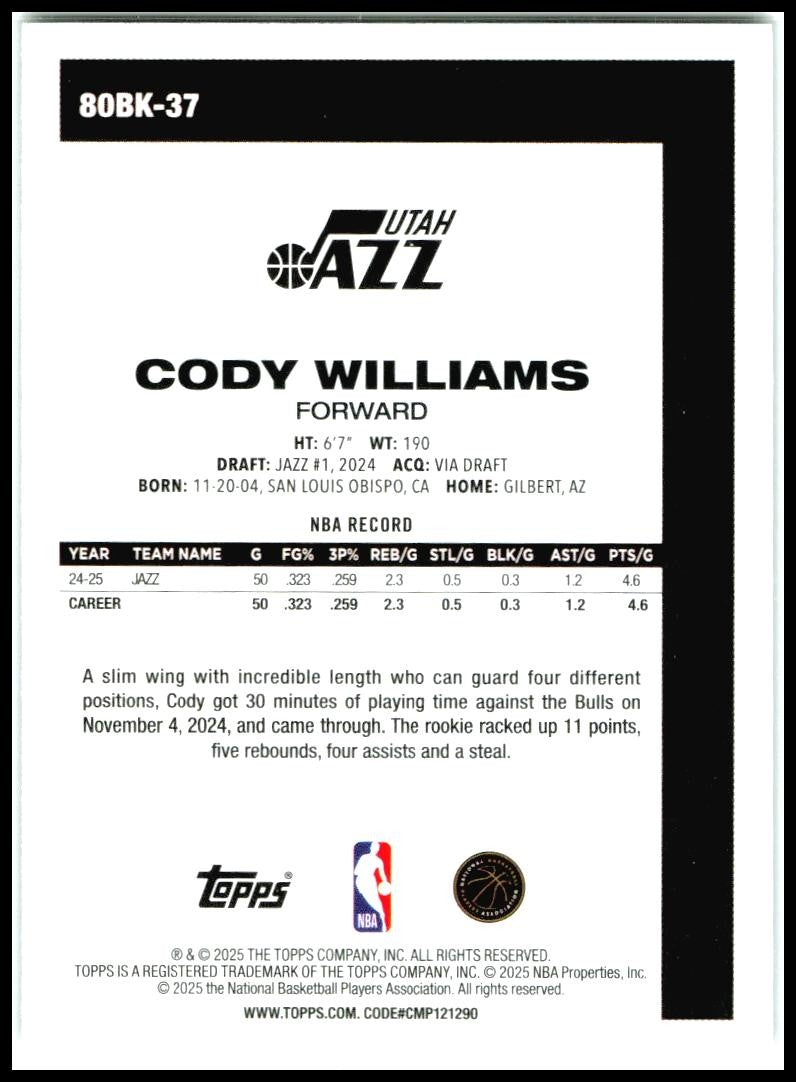 2025-26 Topps 1980-81 Topps Basketball #80BK-37 Cody Williams Utah Jazz