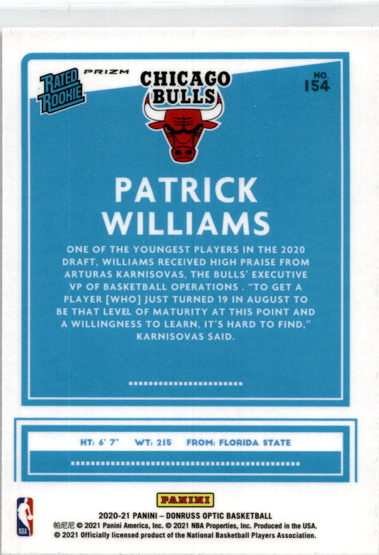 2020-21 Donruss Optic Purple #154 Patrick Williams Chicago Bulls