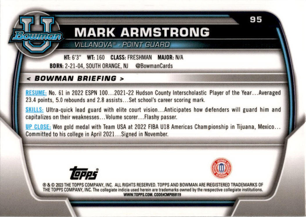 2022-23 Bowman University Chrome #95 Mark Armstrong Villanova Wildcats