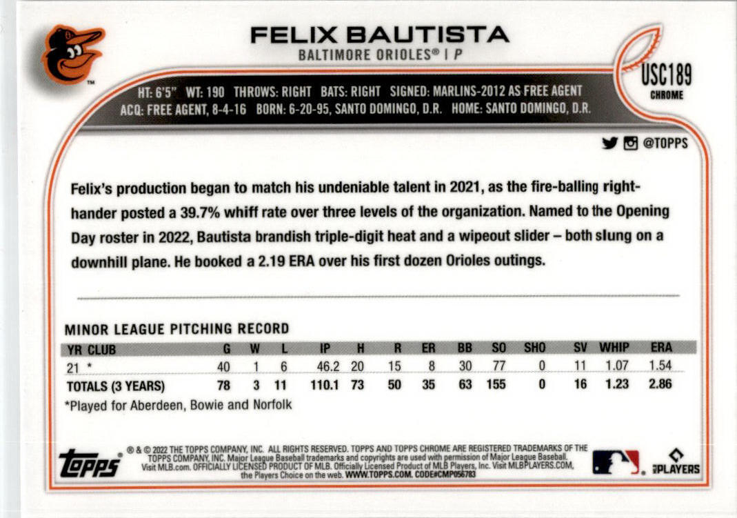 2022 Topps Update Purple #US225 Felix Bautista Baltimore Orioles