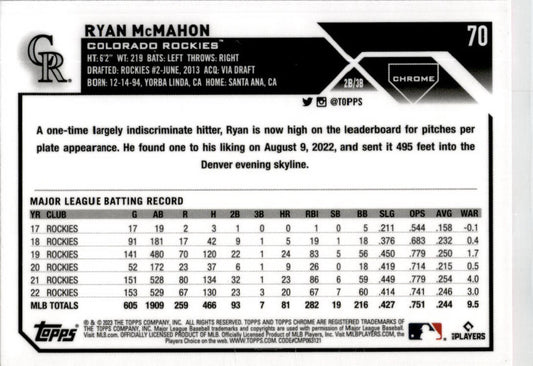 2023 Topps Chrome Pink Refractor #70 Ryan McMahon Colorado Rockies.