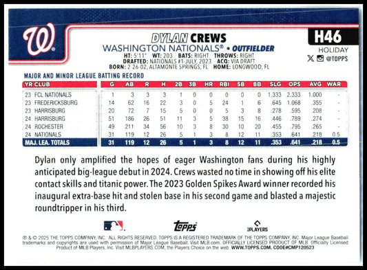 2025 Topps Holiday #H46b Dylan Crews Washington Nationals